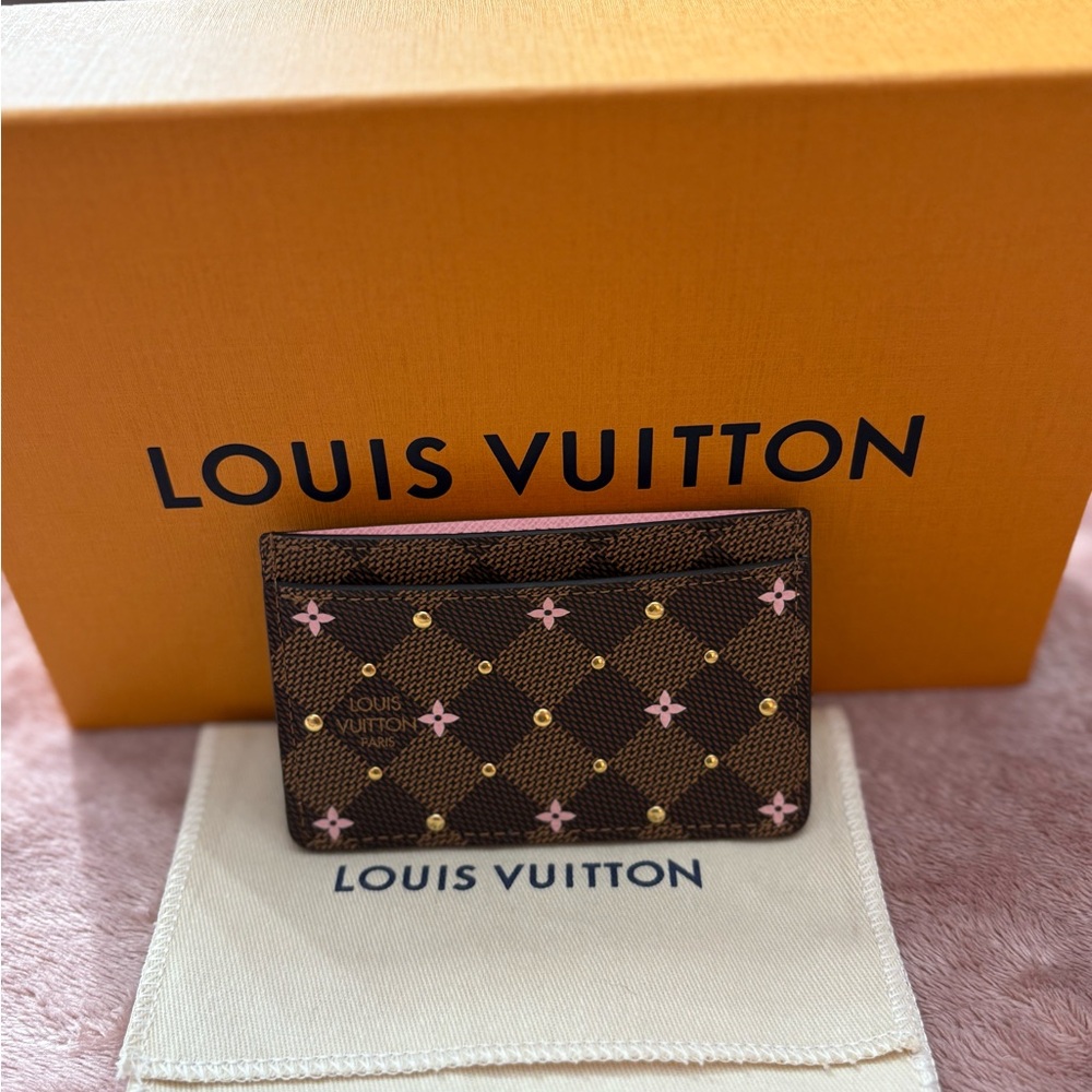 Limited Edition LV Damier Ebene Card Holder with Pink and Gold Accents N60475